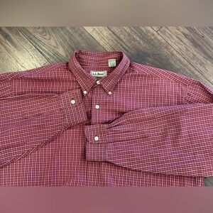 L.L.Bean Button Up Shirt Men's Red with White Geometric Plaid Cotton Size XL